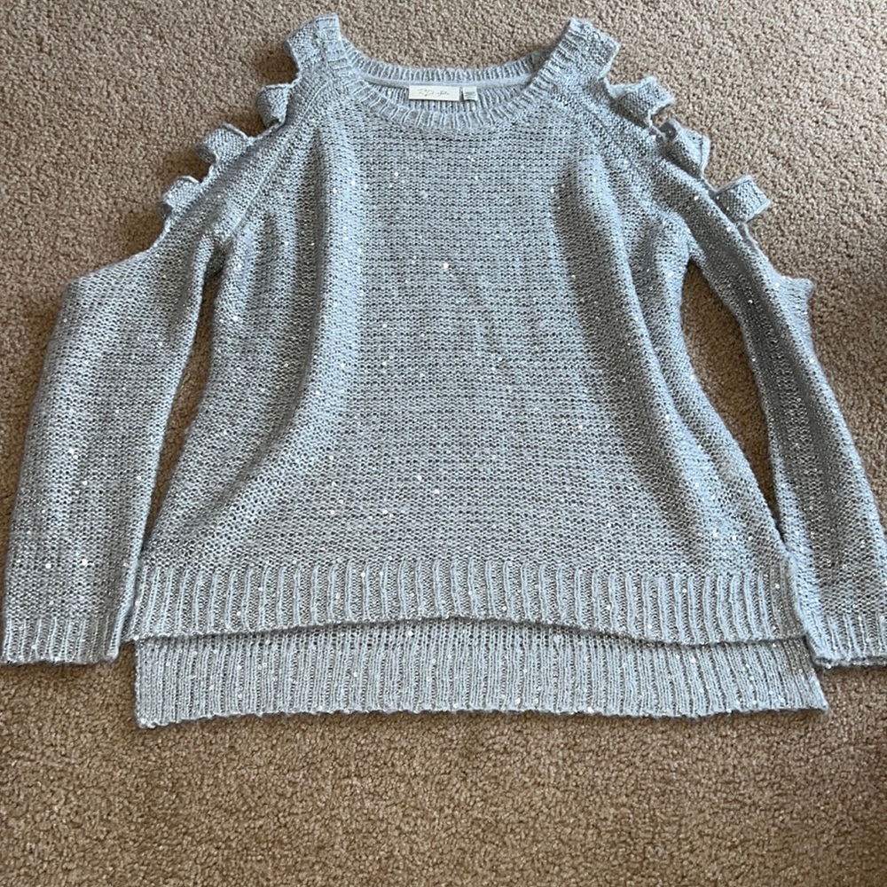RD style silver sparkly open shoulder sweater